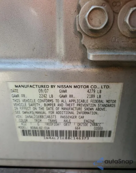 2008 Nissan Altima 2.5 from USA, damaged, VIN 1N4AL21E88C146373